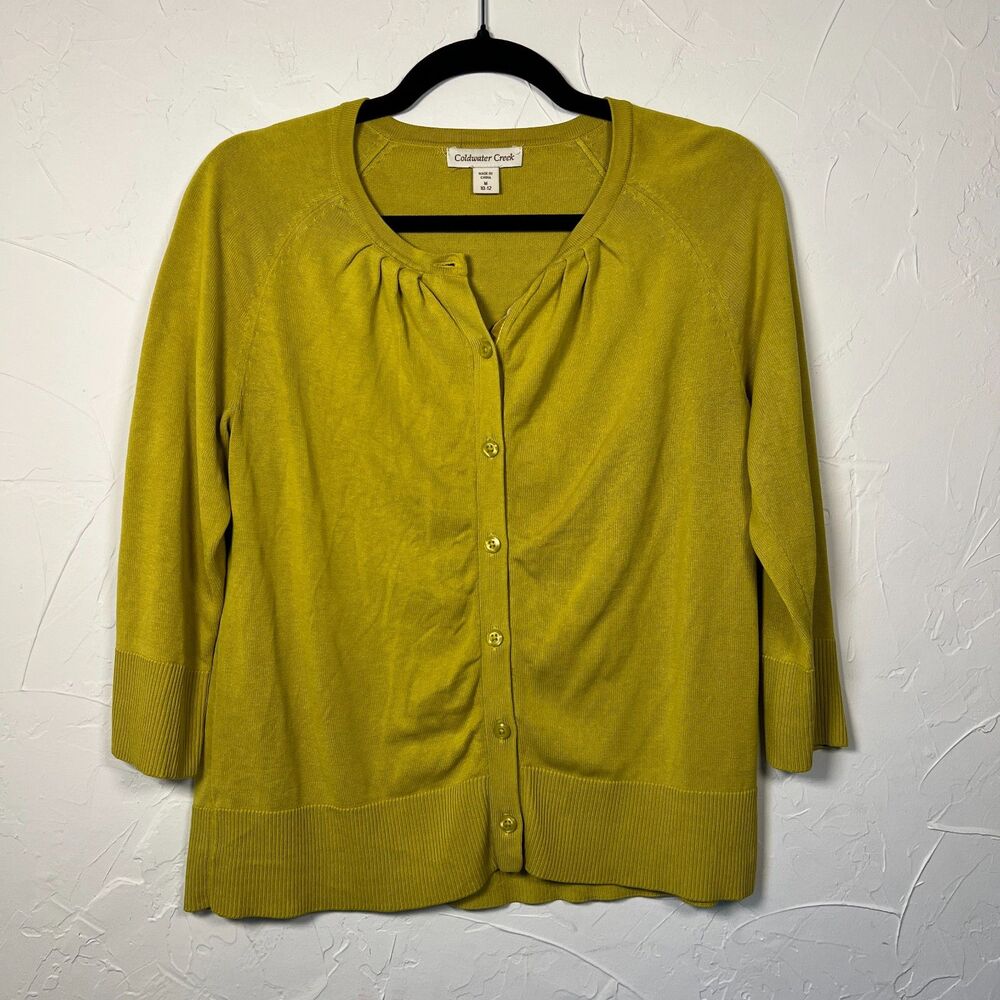 Coldwater Creek Chartreuse Silk Blend Cardigan Cottagecore Size M Artsy Layering
